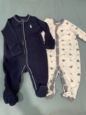 Ralph Lauren Navy & Cream Polo Bear Footed One-Pieces (2 Pack) 0-3m